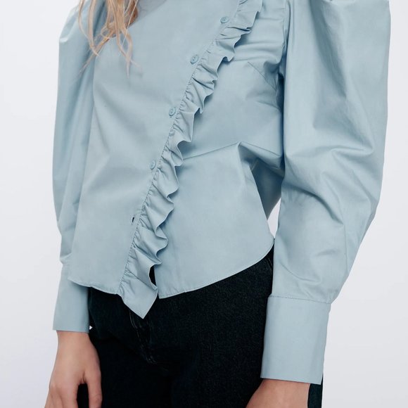 SOLD!!!Zara Ruffled High Collar Puff Sleeves Blue - Picture 6 of 9